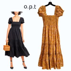 O.P.T by Anthropologie NEW Boho Floral Smock Puff Sleeve Tier Midi Dress S